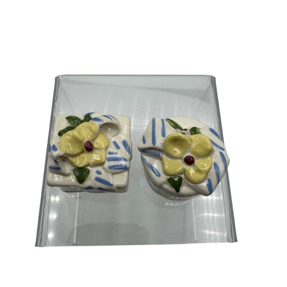 Hand-Painted Ceramic Gift Box Salt & Pepper Shakers With Yellow Floral Accents - Picture 2 of 5